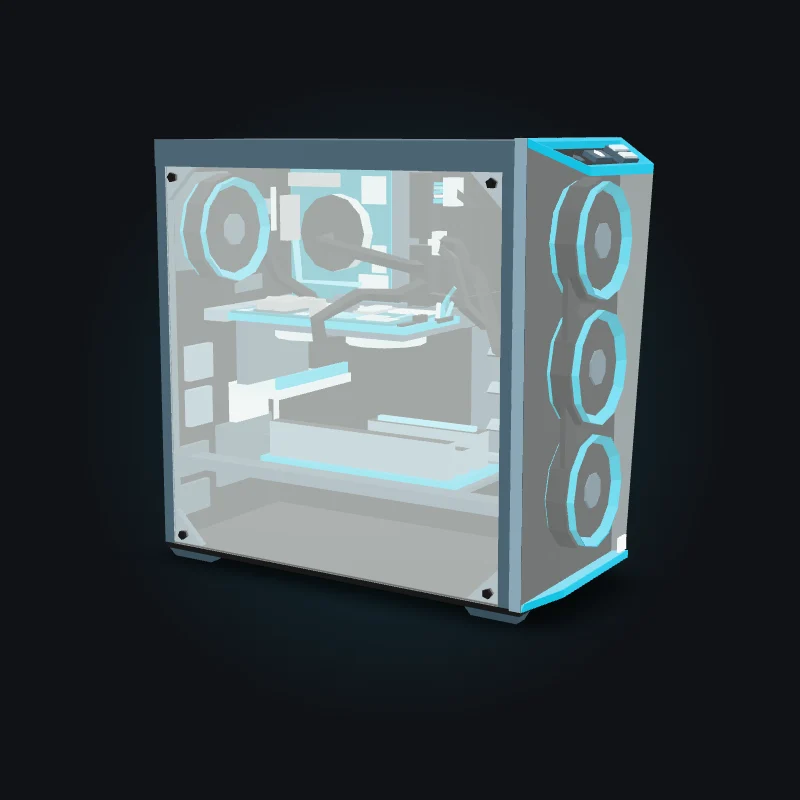 Vista estática de un gabinete gamer Mips con sus componentes visibles